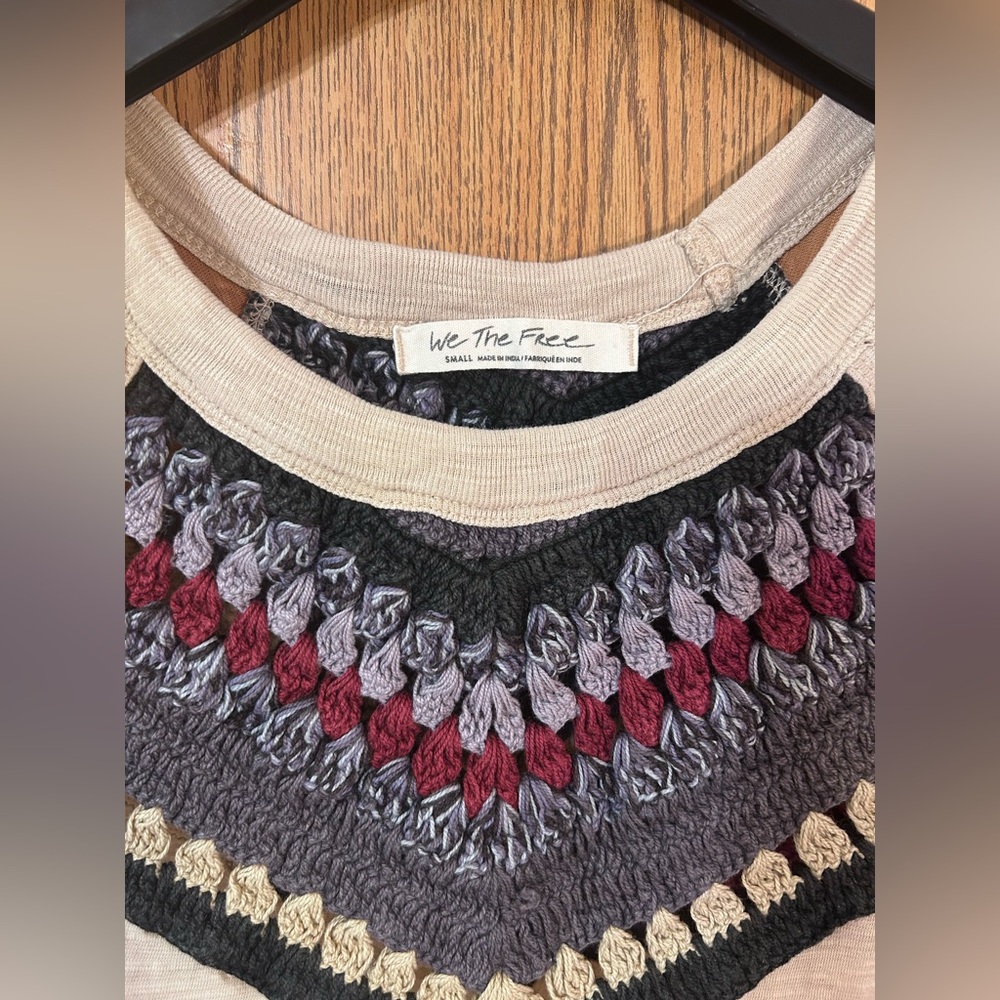 We The Free by Free People Spring Bound Tan Crochet Yoke Baseball Tee - Picture 4 of 6